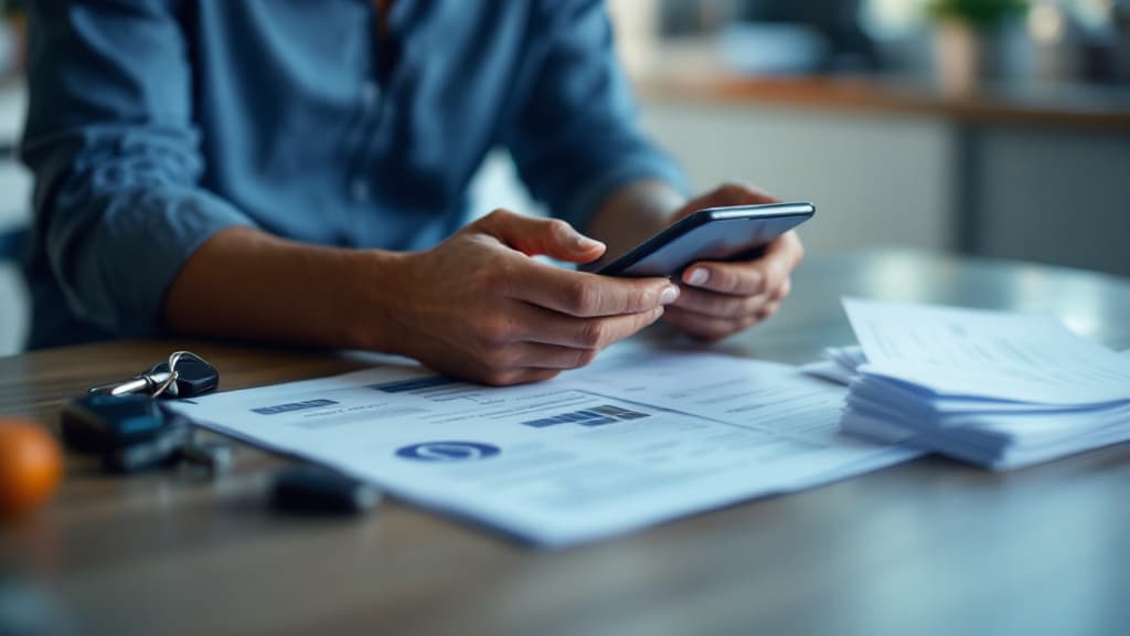 Mão segurando um celular com um documento digital aberto ao lado de uma chave de carro e de guias de papel dobradas sobre uma mesa de madeira.