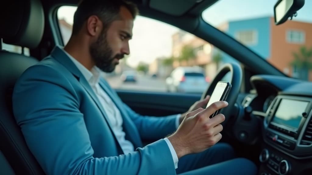 Motorista conferindo o celular dentro do carro estacionado — licenciamento final de placa 5 e 6.