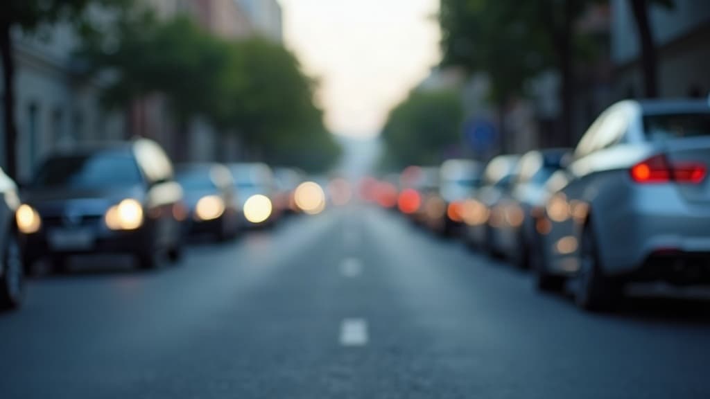 Fileira de carros estacionados numa rua movimentada pela manhã — licenciamento final de placa 8.