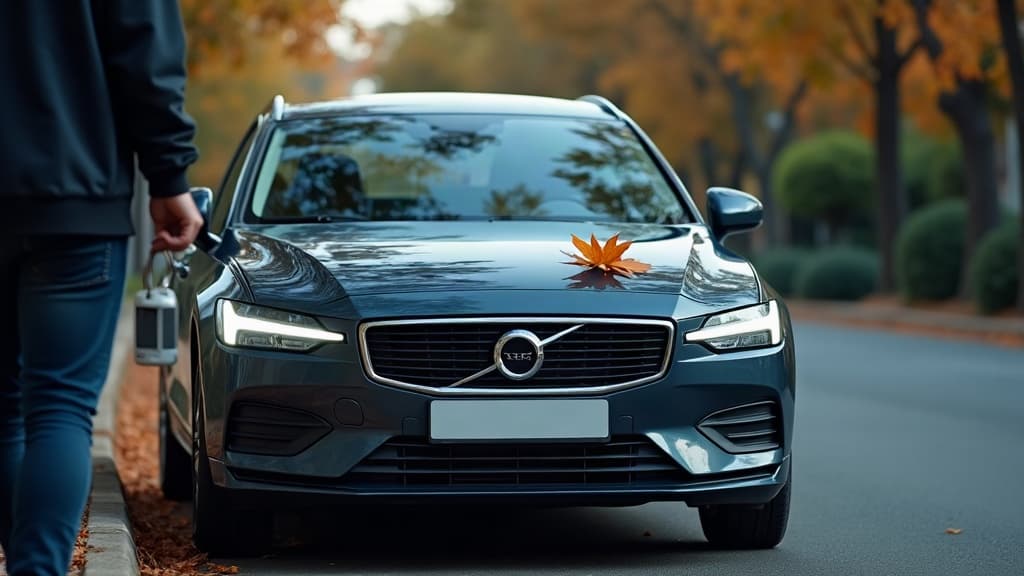 Carro usado estacionado numa rua arborizada, com uma pessoa se aproximando com a chave na mão — melhor época para comprar carro usado.