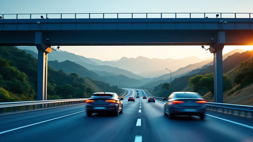 Pórtico de pedágio eletrônico sem cancela sobre uma rodovia brasileira, com carros passando em velocidade normal ao fim da tarde