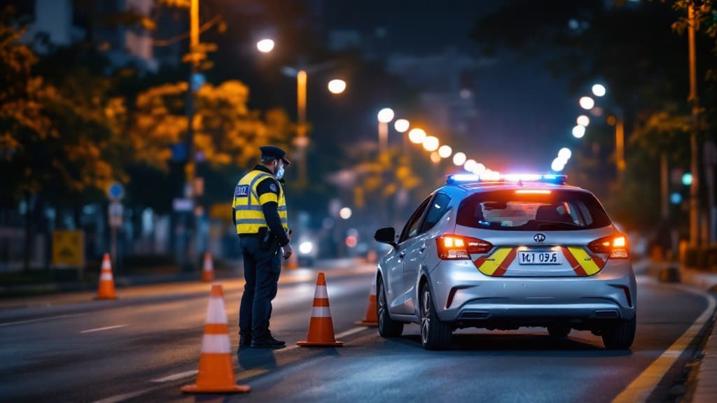 Agente de trânsito conversando com motorista ao lado de um carro parado em blitz noturna, com cones na pista