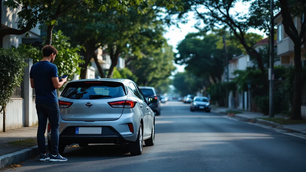 Pessoa segurando o celular ao lado de um carro estacionado numa rua residencial, conferindo dados do veículo antes de uma compra