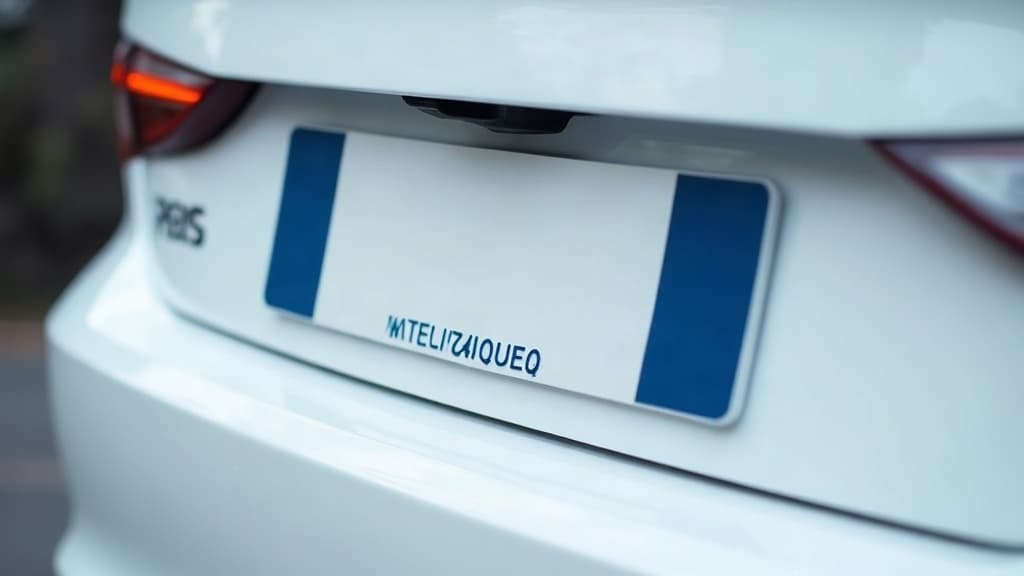 Exemplo de placa Mercosul brasileira, com fundo branco e tarja azul à esquerda.