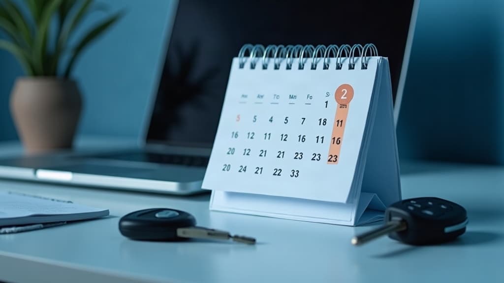 Calendário de mesa com um dia marcado, ao lado de um notebook e da chave do carro — quando a tabela fipe atualiza.