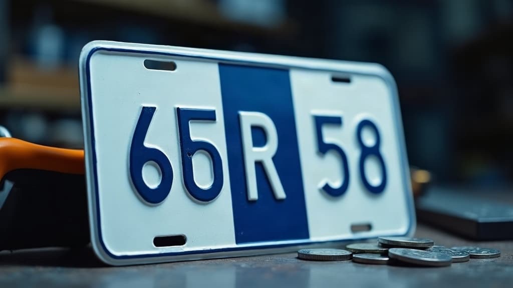 Placa de veículo no padrão Mercosul apoiada em uma bancada de oficina — quanto custa a placa Mercosul.