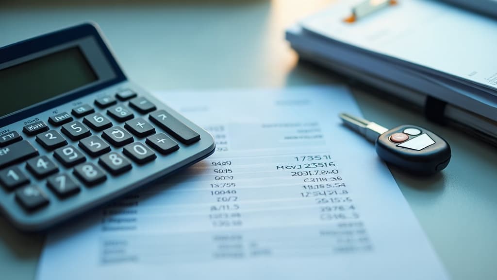 Calculadora, chave de carro e documentos sobre uma mesa clara — quanto custa transferir um carro.