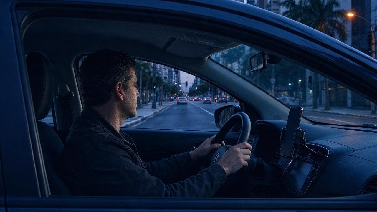Motorista ao volante de um carro em uma avenida de cidade brasileira ao anoitecer, com o celular preso no painel e nenhuma placa ou texto legível.
