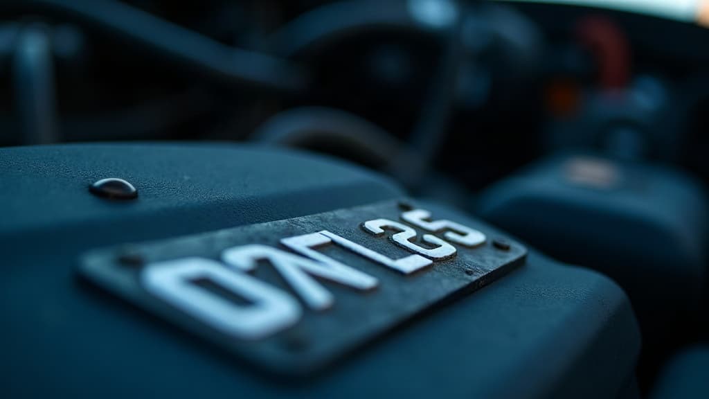 Etiqueta de identificação de chassi de um veículo em close no vão do motor — RENAVAM x chassi diferença.
