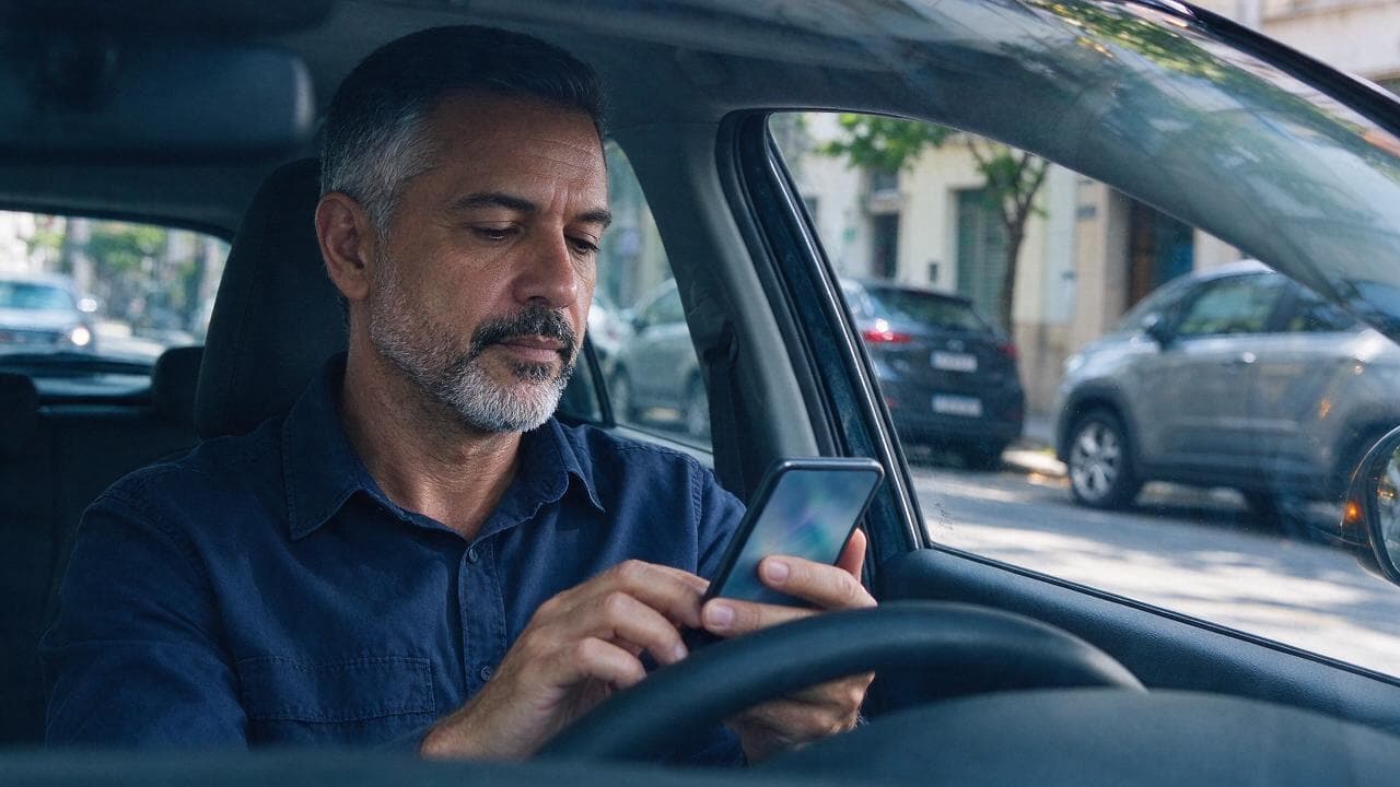 Motorista sentado no carro estacionado consultando um aplicativo no celular, com a tela fora de foco