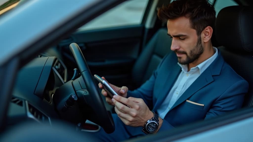 Pessoa no carro olhando para uma mensagem de erro no celular — sinesp nao encontra placa.