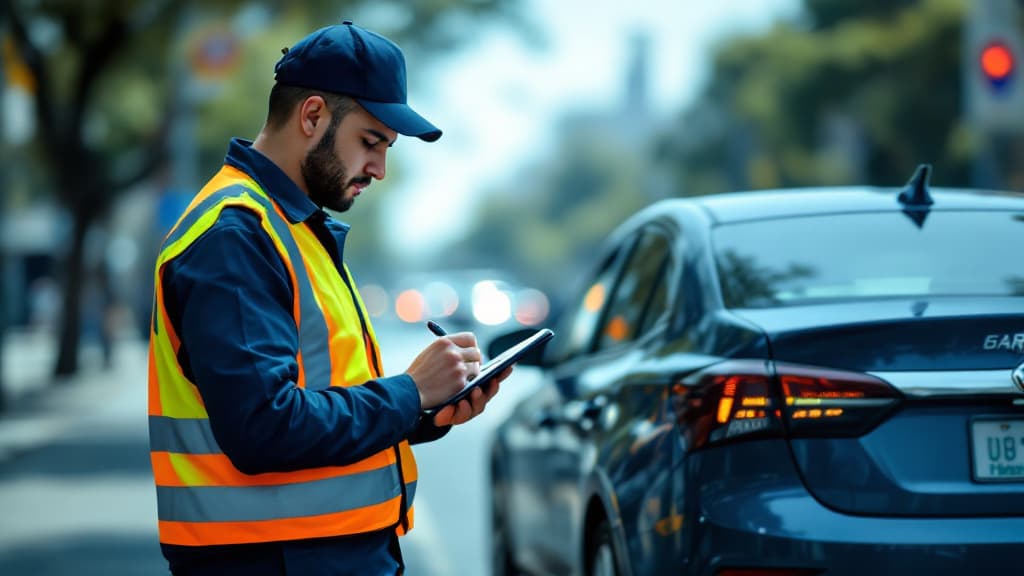 Agente de trânsito com colete refletivo anotando dados em um tablet ao lado de um carro parado em uma avenida brasileira