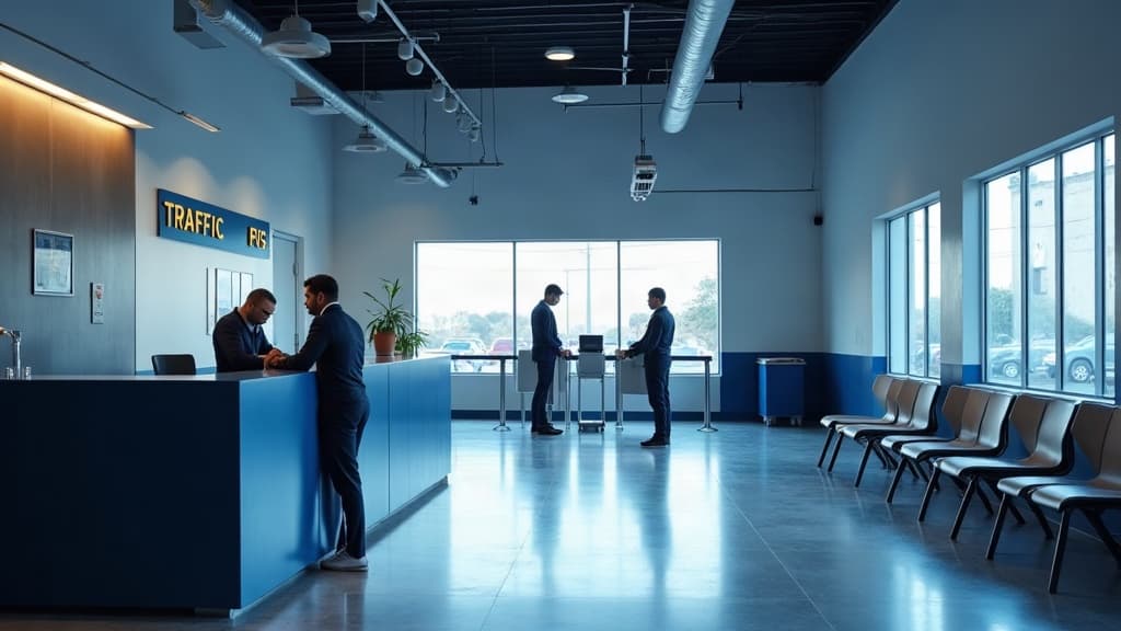 Guichê de atendimento de um órgão de trânsito com pessoas na fila — taxas do DETRAN quais existem.