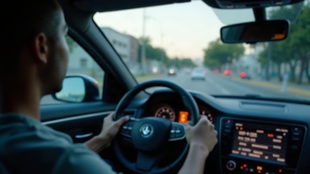 Pessoa ao volante de um carro fazendo test drive em uma rua tranquila — test drive de carro usado o que testar.