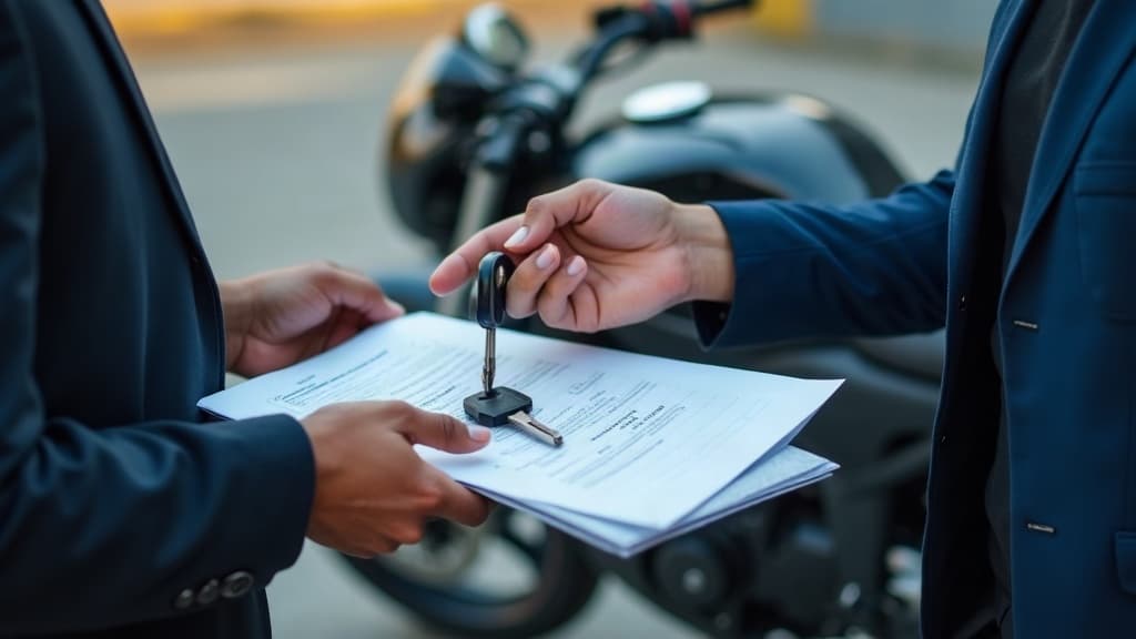 Vendedor entregando a chave e os documentos da moto ao comprador — transferência de moto.