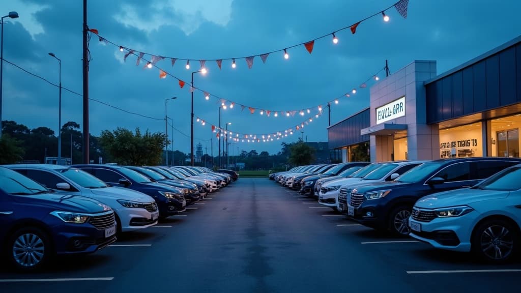 Pátio de loja de carros usados ao entardecer, com carros enfileirados e bandeirolas de promoção — comprar carro usado na black friday.