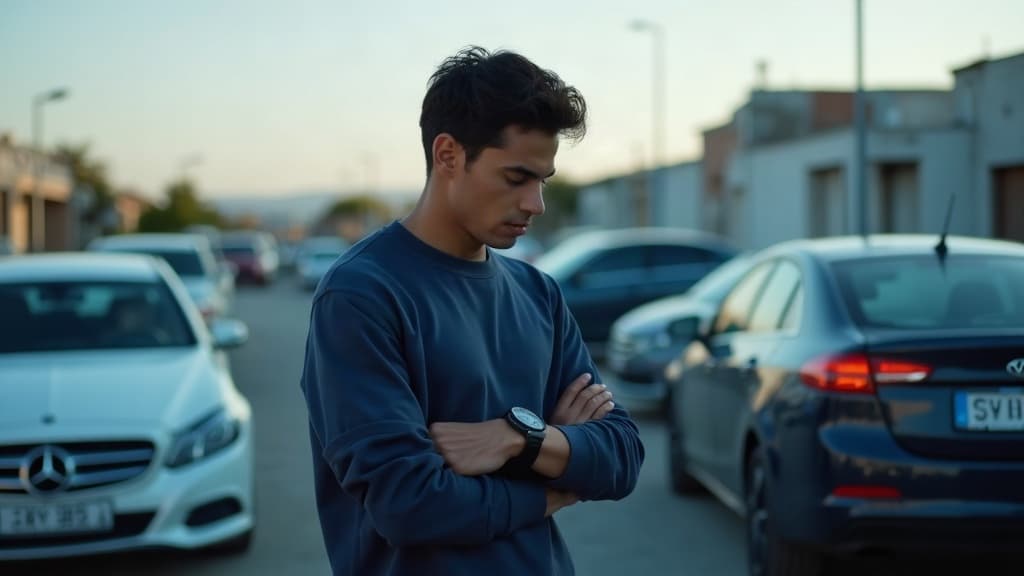 Pessoa olhando o relógio no meio de um pátio de carros usados — esperar fipe pra comprar carro.